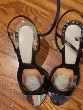 Louis Vuitton Black Leather Strappy Heels with Silver Toe Detail